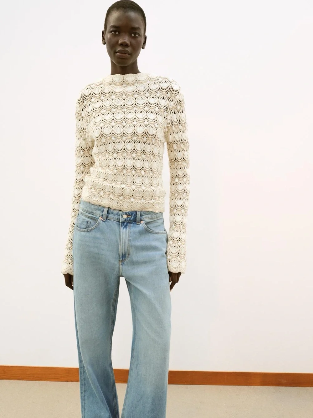 Zara Cream Open-Knit Crochet Sweater
